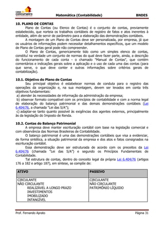 Matemática (Contabilidade) BNDES
Prof. Fernando Aprato Página 31
10. PLANO DE CONTAS
Plano de Contas (ou Elenco de Contas) é o conjunto de contas, previamente
estabelecido, que norteia os trabalhos contábeis de registro de fatos e atos inerentes à
entidade, além de servir de parâmetro para a elaboração das demonstrações contábeis.
A montagem de um Plano de Contas deve ser personalizada, por empresa, já que
os usuários de informações podem necessitar detalhamentos específicos, que um modelo
de Plano de Contas geral pode não compreender.
O Plano de Contas, genericamente tido como um simples elenco de contas,
constituí na verdade um conjunto de normas do qual deve fazer parte, ainda, a descrição
do funcionamento de cada conta - o chamado "Manual de Contas", que contém
comentários e indicações gerais sobre a aplicação e o uso de cada uma das contas (para
que serve, o que deve conter e outras informações sobre critérios gerais de
contabilização).
10.1. Objetivo do Plano de Contas
Seu principal objetivo é estabelecer normas de conduta para o registro das
operações da organização e, na sua montagem, devem ser levados em conta três
objetivos fundamentais:
a) atender às necessidades de informação da administração da empresa;
b) observar formato compatível com os princípios de contabilidade e com a norma legal
de elaboração do balanço patrimonial e das demais demonstrações contábeis (Lei
6.404/76, a chamada "Lei das S/A”);
c) adaptar-se tanto quanto possível às exigências dos agentes externos, principalmente
às da legislação do Imposto de Renda.
10.2. Contas do Balanço Patrimonial
A empresa deve manter escrituração contábil com base na legislação comercial e
com observância das Normas Brasileiras de Contabilidade.
O balanço patrimonial é uma das demonstrações contábeis que visa a evidenciar,
de forma sintética, a situação patrimonial da empresa e dos atos e fatos consignados na
escrituração contábil.
Essa demonstração deve ser estruturada de acordo com os preceitos da Lei
6.404/76 (chamada “Lei das S/A”) e segundo os Princípios Fundamentais de
Contabilidade.
Tal estrutura de contas, dentro do conceito legal da própria Lei 6.404/76 (artigos
176 a 182 e artigo 187), em síntese, se compõe de:
ATIVO PASSIVO
CIRCULANTE
NÃO CIRCULANTE
REALIZÁVEL A LONGO PRAZO
INVESTIMENTOS
IMOBILIZADO
INTANGÍVEL
CIRCULANTE
NÃO CIRCULANTE
PATRIMÔNIO LÍQUIDO
 