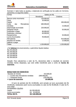 Matemática (Contabilidade) BNDES
Prof. Fernando Aprato Página 39
Exemplo 2: Após todos os ajustes, o balancete de verificação da Cia Latão em 31/12/x2,
apresentou os seguintes dados:
Contas Saldos em R$
Devedores Credores
Bancos conta movimento
Caixa
Capital
Custo das Mercadorias
Vendidas
Depreciação acumulada
Despesas Gerais
Duplicatas a Pagar
Duplicatas a Receber
Equipamentos
Lucros Acumulados
Mercadorias
Receitas de Vendas
Salários a pagar
120.000,00
20.000,00
680.000,00
220.000,00
80.000,00
60.000,00
40.000,00
200.000,00
15.000,00
50.000,00
30.000,00
910.000,00
15.000,00
Totais 1.220.000,00 1.220.000,00
 No balanço de encerramento, o patrimônio líquido totaliza:
R$ 245.000,00
R$ 240.000,00
R$ 230.000,00
R$ 220.000,00
R$ 200.000,00
Solução: Para calcularmos o valor do PL, deveremos obter o resultado do exercício
(receitas menos despesas), que será então transferido para a conta de lucros do
exercício.
RESULTADO DO EXERCÍCIO
Receitas de Vendas 910.000,00
( - ) Custos das mercadorias vendidas (680.000,00)
( - ) Despesas Gerais (220.000,00)
= Lucro do exercício 10.000,00
O lucro do período (de R$ 10.000,00), será somado ao lucro acumulado (de R$
30.000,00), totalizando assim lucros acumulados no valor de R$ 40.000,00. O valor do PL
será então:
PATRIMÔNIO LÍQUÍDO
Capital R$ 200.000,00
Lucros acumulados R$ 40.000,00
TOTAL DO PL R4 240.000,00
 