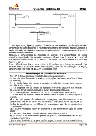 Matemática (Contabilidade) BNDES
Prof. Fernando Aprato Página 48
Ativo Passivo Ativo Passivo
------- PL ------- PL
Início Final
Despesas Receitas
-----
Saldo líquido (Receitas-Despesas)
Exercício
DRE
BPi
BPf
Pela figura acima, é possível perceber a finalidade da DRE no sistema de informações contábil:
apresentação dos saldos das contas de resultado (representativas de receitas ou despesas), indicando o
motivo pelo qual o patrimônio teve seu valor majorado ou reduzido – durante um período de tempo, o
exercício – Dinâmica Patrimonial.
Portanto, a Demonstração do Resultado do Exercício é a apresentação, em forma
resumida e organizada, das operações realizadas pela empresa, durante o exercício social
que lograram alterar (aumentar ou reduzir) o patrimônio, de forma a destacar o resultado
líquido do período.
O art. 187 da Lei das S/A, em seus incisos I a VI, estabelece a ordem de apresentação das
receitas, custos e despesas, nessa demonstração, para fins de publicação. A seguir,
apresentamos o referido art. 187, em sua redação atual:
Demonstração do Resultado do Exercício
Art. 187. A demonstração do resultado do exercício discriminará:
I - a receita bruta das vendas e serviços, as deduções das vendas, os abatimentos e
os impostos;
II - a receita líquida das vendas e serviços, o custo das mercadorias e serviços
vendidos e o lucro bruto;
III - as despesas com as vendas, as despesas financeiras, deduzidas das receitas,
as despesas gerais e administrativas, e outras despesas operacionais;
IV – o lucro ou prejuízo operacional, as outras receitas e as outras despesas;
V - o resultado do exercício antes do Imposto sobre a Renda e a provisão para o
imposto;
VI – as participações de debêntures, empregados, administradores e partes
beneficiárias, mesmo na forma de instrumentos financeiros, e de instituições ou
fundos de assistência ou previdência de empregados, que não se caracterizem
como despesa;
VII - o lucro ou prejuízo líquido do exercício e o seu montante por ação do capital
social.
§ 1º Na determinação do resultado do exercício serão computados:
a) as receitas e os rendimentos ganhos no período, independentemente da sua
realização em moeda; e
b) os custos, despesas, encargos e perdas, pagos ou incorridos, correspondentes a
 