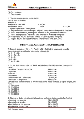 Matemática (Contabilidade) BNDES
Prof. Fernando Aprato Página 69
(D) Oportunidade.
(E) Competência.
6. Observe o lançamento contábil abaixo.
Banco conta Movimento
a Diversos
a Duplicatas a Receber 2.700,00
a Receita de Juros 27,00 2.727,00
O registro representa a operação de
(A) empréstimo bancário tomado pela empresa com garantia de Duplicatas a Receber.
(B) venda de mercadorias, sendo parte recebida no ato, em depósito bancário.
(C) venda de Duplicatas a Receber a uma empresa de factoring, com juros.
(D) recebimento de uma duplicata, emitida na venda a prazo, com juros.
(E) resgate de uma aplicação financeira, anteriormente feita, com juros.
BNDES/Técnico_Administrativo/2010/CESGRANRIO
7. Sabendo-se que A = Ativo; P = Passivo e PL = Patrimônio Líquido, na equação
patrimonial, ocorrerá situação patrimonial nula quando
(A) A + P = PL.
(B) A + PL = P.
(C) A = P.
(D) A = PL.
(E) A = P + PL.
8. Em um determinado exercício social, a empresa apresentou, em reais, os seguintes
dados:
Capitais de Terceiros Circulantes 350.000,00
Disponíveis 120.000,00
Estoques 500.000,00
Imobilizado 100.000,00
Investimentos em Controladas 50.000,00
Realizáveis a Longo Prazo 130.000,00
Considerando exclusivamente as informações acima, nesse exercício, o capital próprio, em
reais, é
(A) 100.000,00
(B) 150.000,00
(C) 500.000,00
(D) 550.000,00
(E) 900.000,00
9. Observe os dados extraídos do balancete de verificação da Companhia Pacífico S.A.
• Venda de Mercadorias R$ 85.000,00
• Devolução de Vendas R$ 5.000,00
• Resultado com Mercadorias R$ 34.000,00
• Compras de Mercadorias R$ 40.000,00
 