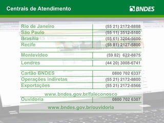 Centrais de Atendimento


     Rio de Janeiro                     (55 21) 2172-8888
     São Paulo                          (55 11) 3512-5100
     Brasília                           (55 61) 3204-5600
     Recife                             (55 81) 2127-5800

     Montevideo                          (59 82) 622-8875
     Londres                            (44 20) 3008-6741

     Cartão BNDES                          0800 702 6337
     Operações indiretas                (55 21) 2172-8800
     Exportações                        (55 21) 2172-8566

                 www.bndes.gov.br/faleconosco
     Ouvidoria                             0800 702 6307
                  www.bndes.gov.br/ouvidoria
 