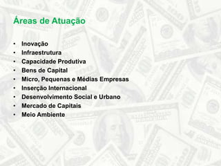 InovaçãoInfraestruturaCapacidade ProdutivaBens de CapitalMicro, Pequenas e Médias EmpresasInserção InternacionalDesenvolvimento Social e UrbanoMercado de CapitaisMeio AmbienteÁreas de Atuação
