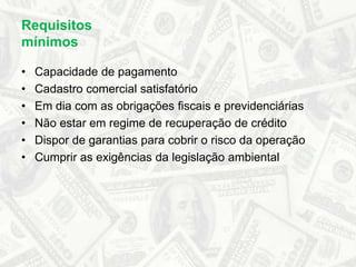 Capacidade de pagamentoCadastro comercial satisfatórioEm dia com as obrigações fiscais e previdenciáriasNão estar em regime de recuperação de créditoDispor de garantias para cobrir o risco da operaçãoCumprir as exigências da legislação ambientalRequisitos mínimos