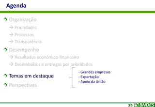 26
Organização
 Prioridades
 Processos
 Transparência
Desempenho
 Resultados econômico-financeiro
 Desembolsos e entregas por prioridades
Temas em destaque
Perspectivas
Agenda
- Grandes empresas
- Exportação
- Apoio da União
 