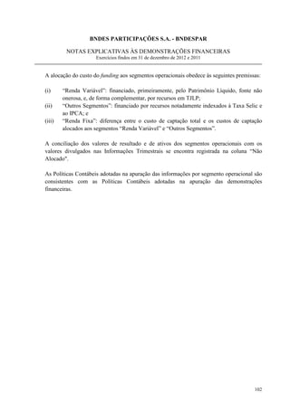 BNDES PARTICIPAÇÕES S.A. - BNDESPAR

         NOTAS EXPLICATIVAS ÀS DEMONSTRAÇÕES FINANCEIRAS
                     Exercícios findos em 31 de dezembro de 2012 e 2011


A alocação do custo do funding aos segmentos operacionais obedece às seguintes premissas:

(i)     “Renda Variável”: financiado, primeiramente, pelo Patrimônio Líquido, fonte não
        onerosa, e, de forma complementar, por recursos em TJLP;
(ii)    “Outros Segmentos”: financiado por recursos notadamente indexados à Taxa Selic e
        ao IPCA; e
(iii)   “Renda Fixa”: diferença entre o custo de captação total e os custos de captação
        alocados aos segmentos “Renda Variável” e “Outros Segmentos”.

A conciliação dos valores de resultado e de ativos dos segmentos operacionais com os
valores divulgados nas Informações Trimestrais se encontra registrada na coluna “Não
Alocado.

As Políticas Contábeis adotadas na apuração das informações por segmento operacional são
consistentes com as Políticas Contábeis adotadas na apuração das demonstrações
financeiras.




                                                                                      102
 