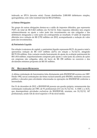 indexada ao IPCA (terceira série). Foram distribuídas 2.000.000 debêntures simples,
quirografárias, com valor nominal total de R$ 2,0 bilhões.

c) Outras Obrigações

No grupo de outras obrigações destaca-se o saldo de impostos diferidos, que representa
79,8% do total de R$ 8.462 milhões em 31/12/12. Estes impostos diferidos tem origem
substancialmente no ajuste a valor justo dos investimentos em não coligadas e das
debêntures designadas a valor justo em contrapartida ao resultado. O saldo de impostos
diferidos teve redução de R$ 2.792 milhões em 2012, acompanhando a redução do valor
justo dos investimentos.

d) Patrimônio Líquido

Em relação à estrutura de capital, o patrimônio líquido representa 80,2% do passivo total e
apresentou redução de R$ 1.617 milhões (2,0%) em relação a 31/12/11, atingindo
R$ 79.154 milhões. Esta variação resulta basicamente do ajuste de avaliação patrimonial de
R$ 1.814 milhões, majoritariamente composto pelo ajuste a valor justo da carteira de ações
em empresas não coligadas, além do lucro de R$ 298 milhões no exercício e dos
dividendos mínimos propostos de R$ 101 milhões.


IV.   RECURSOS HUMANOS

A última contratação de funcionários feita diretamente pela BNDESPAR ocorreu em 1987.
Desde 1992, novas contratações são feitas exclusivamente pelo BNDES, mediante concurso
público e alocados para atividades relacionadas às operações da BNDESPAR conforme a
necessidade.

Em 31 de dezembro de 2012, a BNDESPAR possuía um quadro próprio, remanescente das
contratações realizadas até 1987, de 91 profissionais (111 em 31/12/11). A AMC e a ACE,
que desempenham atividades exclusivas da BNDESPAR, reuniam, em 31/12/12, 147
profissionais, sendo 126 de nível superior e 19 de nível médio.




                                                                                         13
 