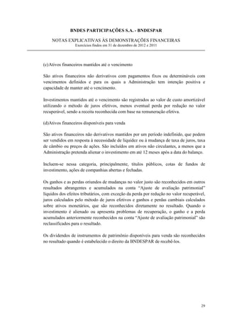 BNDES PARTICIPAÇÕES S.A. - BNDESPAR

    NOTAS EXPLICATIVAS ÀS DEMONSTRAÇÕES FINANCEIRAS
                 Exercícios findos em 31 de dezembro de 2012 e 2011




(c) Ativos financeiros mantidos até o vencimento

São ativos financeiros não derivativos com pagamentos fixos ou determináveis com
vencimentos definidos e para os quais a Administração tem intenção positiva e
capacidade de manter até o vencimento.

Investimentos mantidos até o vencimento são registrados ao valor de custo amortizável
utilizando o método de juros efetivos, menos eventual perda por redução no valor
recuperável, sendo a receita reconhecida com base na remuneração efetiva.

(d)Ativos financeiros disponíveis para venda

São ativos financeiros não derivativos mantidos por um período indefinido, que podem
ser vendidos em resposta à necessidade de liquidez ou à mudança de taxa de juros, taxa
de câmbio ou preços de ações. São incluídos em ativos não circulantes, a menos que a
Administração pretenda alienar o investimento em até 12 meses após a data do balanço.

Incluem-se nessa categoria, principalmente, títulos públicos, cotas de fundos de
investimento, ações de companhias abertas e fechadas.

Os ganhos e as perdas oriundos de mudanças no valor justo são reconhecidos em outros
resultados abrangentes e acumulados na conta “Ajuste de avaliação patrimonial”
líquidos dos efeitos tributários, com exceção da perda por redução no valor recuperável,
juros calculados pelo método de juros efetivos e ganhos e perdas cambiais calculados
sobre ativos monetários, que são reconhecidos diretamente no resultado. Quando o
investimento é alienado ou apresenta problemas de recuperação, o ganho e a perda
acumulados anteriormente reconhecidos na conta “Ajuste de avaliação patrimonial” são
reclassificados para o resultado.

Os dividendos de instrumentos de patrimônio disponíveis para venda são reconhecidos
no resultado quando é estabelecido o direito da BNDESPAR de recebê-los.




                                                                                     29
 
