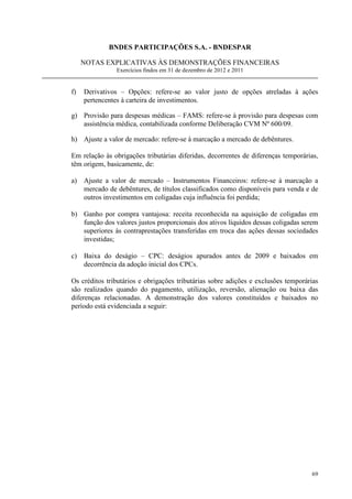 BNDES PARTICIPAÇÕES S.A. - BNDESPAR

     NOTAS EXPLICATIVAS ÀS DEMONSTRAÇÕES FINANCEIRAS
               Exercícios findos em 31 de dezembro de 2012 e 2011


f)   Derivativos – Opções: refere-se ao valor justo de opções atreladas à ações
     pertencentes à carteira de investimentos.

g) Provisão para despesas médicas – FAMS: refere-se à provisão para despesas com
   assistência médica, contabilizada conforme Deliberação CVM Nº 600/09.

h) Ajuste a valor de mercado: refere-se à marcação a mercado de debêntures.

Em relação às obrigações tributárias diferidas, decorrentes de diferenças temporárias,
têm origem, basicamente, de:

a) Ajuste a valor de mercado – Instrumentos Financeiros: refere-se à marcação a
   mercado de debêntures, de títulos classificados como disponíveis para venda e de
   outros investimentos em coligadas cuja influência foi perdida;

b) Ganho por compra vantajosa: receita reconhecida na aquisição de coligadas em
   função dos valores justos proporcionais dos ativos líquidos dessas coligadas serem
   superiores às contraprestações transferidas em troca das ações dessas sociedades
   investidas;

c) Baixa do deságio – CPC: deságios apurados antes de 2009 e baixados em
   decorrência da adoção inicial dos CPCs.

Os créditos tributários e obrigações tributárias sobre adições e exclusões temporárias
são realizados quando do pagamento, utilização, reversão, alienação ou baixa das
diferenças relacionadas. A demonstração dos valores constituídos e baixados no
período está evidenciada a seguir:




                                                                                   69
 