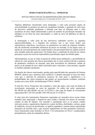 BNDES PARTICIPAÇÕES S.A. - BNDESPAR

         NOTAS EXPLICATIVAS ÀS DEMONSTRAÇÕES FINANCEIRAS
                     Exercícios findos em 31 de dezembro de 2012 e 2011


Algumas debêntures classificadas como designadas a valor justo possuem opções de
conversibilidade ou permuta em ações de companhias fechadas, a apuração do valor justo
do derivativo embutido geralmente é efetuada com base na diferença entre o valor
econômico do ativo objeto (determinado a partir de modelos de precificação baseados em
múltiplos ou em fluxo de caixa descontado) e o saldo na curva da debênture na data de
referência.

A mensuração a valor justo de tais derivativos embutidos envolve os seguintes
aspectos/dificuldades: i) a iliquidez dos mesmos; isto é, por serem títulos com
características específicas, conversíveis ou permutáveis em ações de empresas fechadas,
não são facilmente encontradas referências de preços no mercado; ii) em alguns casos, as
opções de conversão/permuta são condicionadas a um percentual futuro do capital social de
uma entidade ainda não operacional. Em função disso, a amplitude do intervalo de valores
para preço e prazo de exercício impossibilita a precificação segura da referida opção.

Adicionalmente, no que se refere à parcela de crédito dessas debêntures, a possibilidade de
cálculo do valor presente dos fluxos descontados não se torna confiável devido à ausência
de parâmetros confiáveis de mercado, quer pela inexistência de referências válidas de
preços ou de spreads de risco, dados necessários para o desconto a valor presente, segundo
os modelos adotados atualmente.

Em função dos fatores mencionados, gerados pela especificidade das operações do Sistema
BNDES, adota-se que a premissa mais confiável é a própria marcação na curva do título,
visto que, o intervalo de estimativas razoáveis do valor justo é significativo e as
probabilidades das várias estimativas não podem ser razoavelmente avaliadas, conforme
acordo com o item AG81, da Deliberação CVM nº. 604/09.

O total dos Ativos Financeiros não considera o valor das ações e das cotas de fundos de
investimento mensuradas ao custo de aquisição. Os saldos das ações representam
R$ 100.001 mil (R$ 100.001 mil em 31/12/2011) e das cotas de fundos de investimento
representam R$ 1.255.255 mil (R$ 1.047.298 mil em 31/12/2011).

O valor justo dos instrumentos financeiros negociados em mercados ativos (como títulos
mantidos para negociação e disponíveis para venda) é baseado nos preços de mercado,
cotados na data do balanço. Um mercado é considerado ativo se os preços cotados
estiverem pronta e regularmente disponíveis a partir da Bolsa, distribuidor, corretor, grupo
de indústrias, serviços de precificação, ou agência reguladora e aqueles preços representam
transações de mercado reais e que ocorrem regularmente em base puramente comerciais.
Esses instrumentos estão incluídos no Nível 1. Os instrumentos no Nível 1 compreendem,
principalmente, ações de companhias abertas.




                                                                                          89
 