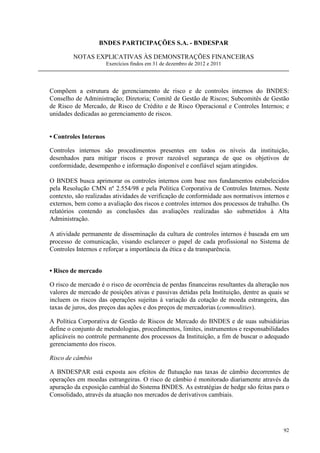 BNDES PARTICIPAÇÕES S.A. - BNDESPAR

         NOTAS EXPLICATIVAS ÀS DEMONSTRAÇÕES FINANCEIRAS
                       Exercícios findos em 31 de dezembro de 2012 e 2011




Compõem a estrutura de gerenciamento de risco e de controles internos do BNDES:
Conselho de Administração; Diretoria; Comitê de Gestão de Riscos; Subcomitês de Gestão
de Risco de Mercado, de Risco de Crédito e de Risco Operacional e Controles Internos; e
unidades dedicadas ao gerenciamento de riscos.


• Controles Internos

Controles internos são procedimentos presentes em todos os níveis da instituição,
desenhados para mitigar riscos e prover razoável segurança de que os objetivos de
conformidade, desempenho e informação disponível e confiável sejam atingidos.

O BNDES busca aprimorar os controles internos com base nos fundamentos estabelecidos
pela Resolução CMN nº 2.554/98 e pela Política Corporativa de Controles Internos. Neste
contexto, são realizadas atividades de verificação de conformidade aos normativos internos e
externos, bem como a avaliação dos riscos e controles internos dos processos de trabalho. Os
relatórios contendo as conclusões das avaliações realizadas são submetidos à Alta
Administração.

A atividade permanente de disseminação da cultura de controles internos é baseada em um
processo de comunicação, visando esclarecer o papel de cada profissional no Sistema de
Controles Internos e reforçar a importância da ética e da transparência.


• Risco de mercado

O risco de mercado é o risco de ocorrência de perdas financeiras resultantes da alteração nos
valores de mercado de posições ativas e passivas detidas pela Instituição, dentre as quais se
incluem os riscos das operações sujeitas à variação da cotação de moeda estrangeira, das
taxas de juros, dos preços das ações e dos preços de mercadorias (commodities).

A Política Corporativa de Gestão de Riscos de Mercado do BNDES e de suas subsidiárias
define o conjunto de metodologias, procedimentos, limites, instrumentos e responsabilidades
aplicáveis no controle permanente dos processos da Instituição, a fim de buscar o adequado
gerenciamento dos riscos.

Risco de câmbio

A BNDESPAR está exposta aos efeitos de flutuação nas taxas de câmbio decorrentes de
operações em moedas estrangeiras. O risco de câmbio é monitorado diariamente através da
apuração da exposição cambial do Sistema BNDES. As estratégias de hedge são feitas para o
Consolidado, através da atuação nos mercados de derivativos cambiais.




                                                                                          92
 