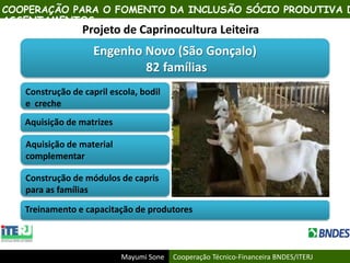 Mayumi Sone Cooperação Técnico-Financeira BNDES/ITERJ
Projeto de Caprinocultura Leiteira
Engenho Novo (São Gonçalo)
82 famílias
Construção de capril escola, bodil
e creche
Treinamento e capacitação de produtores
Aquisição de matrizes
Aquisição de material
complementar
Construção de módulos de capris
para as famílias
COOPERAÇÃO PARA O FOMENTO DA INCLUSÃO SÓCIO PRODUTIVA D
ASSENTAMENTOS
 