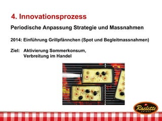 Periodische Anpassung Strategie und Massnahmen
2014: Einführung Grillpfännchen (Spot und Begleitmassnahmen)
Ziel: Aktivierung Sommerkonsum,
Verbreitung im Handel
4. Innovationsprozess
 