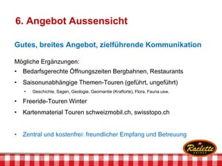 6. Angebot Aussensicht
Gutes, breites Angebot, zielführende Kommunikation
Mögliche Ergänzungen:
• Bedarfsgerechte Öffnungszeiten Bergbahnen, Restaurants
• Saisonunabhängige Themen-Touren (geführt, ungeführt)
• Geschichte, Sagen, Geologie, Geomantie (Kraftorte), Flora, Fauna usw.
• Freeride-Touren Winter
• Kartenmaterial Touren schweizmobil.ch, swisstopo.ch
• Zentral und kostenfrei: freundlicher Empfang und Betreuung
 