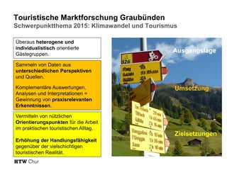 Touristische Marktforschung Graubünden
Schwerpunktthema 2015: Klimawandel und Tourismus
Überaus heterogene und
individualistisch orientierte
Gästegruppen.
Ausgangslage
Zielsetzung
Umsetzung
Ausgangslage
Umsetzung
Zielsetzungen
Sammeln von Daten aus
unterschiedlichen Perspektiven
und Quellen.
Komplementäre Auswertungen,
Analysen und Interpretationen =
Gewinnung von praxisrelevanten
Erkenntnissen.
Vermitteln von nützlichen
Orientierungspunkten für die Arbeit
im praktischen touristischen Alltag.
Erhöhung der Handlungsfähigkeit
gegenüber der vielschichtigen
touristischen Realität.
 