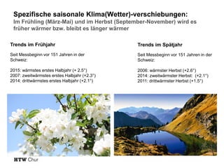 Spezifische saisonale Klima(Wetter)-verschiebungen:
Im Frühling (März-Mai) und im Herbst (September-November) wird es
früher wärmer bzw. bleibt es länger wärmer
Trends im Spätjahr
Seit Messbeginn vor 151 Jahren in der
Schweiz:
2006: wärmster Herbst (+2.6°)
2014: zweitwärmster Herbst: (+2.1°)
2011: drittwärmster Herbst (+1.5°)
Trends im Frühjahr
Seit Messbeginn vor 151 Jahren in der
Schweiz:
2015: wärmstes erstes Halbjahr (+ 2.5°)
2007: zweitwärmstes erstes Halbjahr (+2.3°)
2014: drittwärmstes erstes Halbjahr (+2.1°)
 