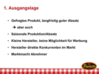 1. Ausgangslage
• Gefragtes Produkt, langfristig guter Absatz
 aber auch
• Saisonale Produktion/Absatz
• Kleine Hersteller, keine Möglichkeit für Werbung
• Hersteller direkte Konkurrenten im Markt
• Marktmacht Abnehmer
 