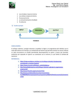 Salazar Basto Juan Gabriel
Mgr. José Ramiro Zapata
Materia: Investigación de mercados II
“LIBEREMOS BOLIVIA”
 Las entradaso inputsal sistema
 Las salidaso outputsal sistema
 El procesamiento
 La retroalimentaciónofeedback
 El ambiente
5) Cuadro ejemplo
FEEDBACK
CONCLUSIONES.-
El enfoque sistémico, consigue relacionar y equilibrar la lógica y el pragmatismo del individuo con la
visión del entorno en el tiempo y su combinación de factores que permiten analizar las causas yefectos
ce cada circunstancia en estudio permitiendo descomponerlas en partes o tareas que permiten
analizarlas por separado sin ignorar sus conexiones con el entorno, lo cual facilita la claridad del
raciocinio.
REFERENCIAS.-
1) https://cctpq.wordpress.com/que-es-el-enfoque-sistemico-fundamentos-
conceptuales-y-teoricos-basicos/
2) https://www.ecured.cu/Enfoque_sist%C3%A9mico
3) http://actualidadempresa.com/enfoque-sistemico-aplicado-la-organizacion-
empresarial/
4) http://www.filosofia.org/enc/ros/enf.htm
5) http://www.juntadeandalucia.es/averroes/centros-
tic/14002996/helvia/aula/archivos/repositorio/250/271/html/economia/1c/sistemic
o.htm
INPUT PROCESS OUTPUT
 