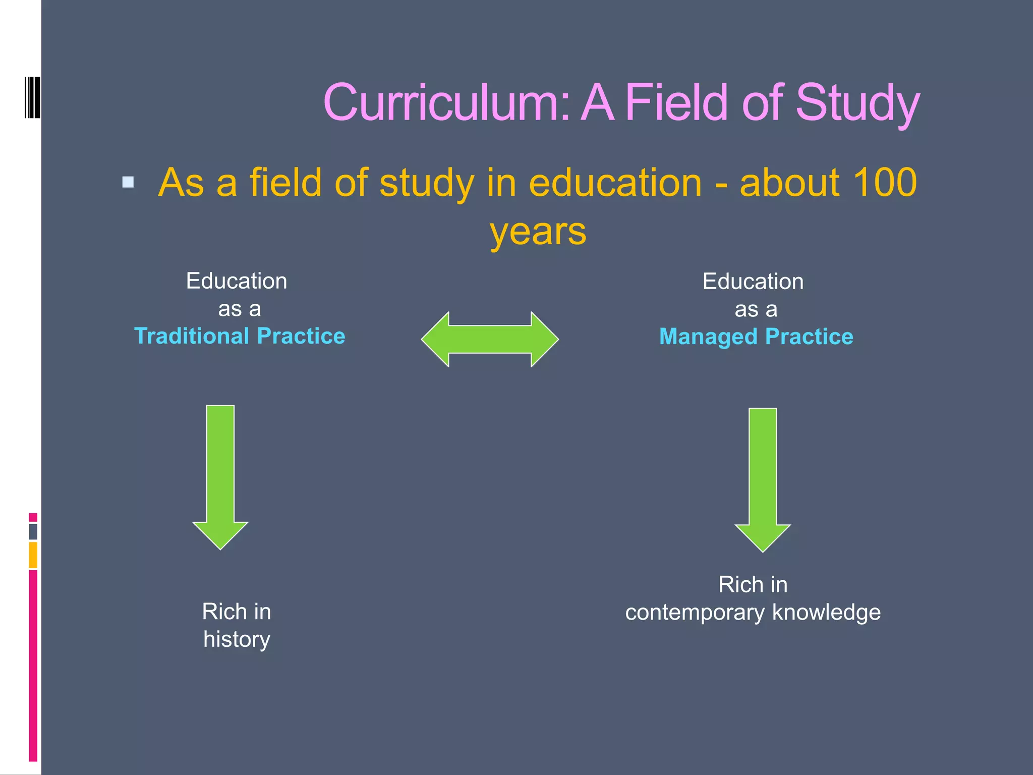 Curriculum: A Field of Study
 As a field of study in education - about 100
years
Education
as a
Traditional Practice
Rich in
history
Education
as a
Managed Practice
Rich in
contemporary knowledge
 