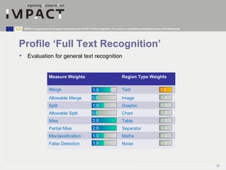 Profile ‘Full Text Recognition’ <ul><li>Evaluation for general text recognition </li></ul>Measure Weights Region Type Weig...