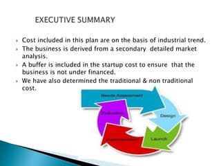  Cost included in this plan are on the basis of industrial trend.
 The business is derived from a secondary detailed market
analysis.
 A buffer is included in the startup cost to ensure that the
business is not under financed.
 We have also determined the traditional & non traditional
cost.
 