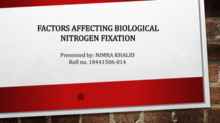 FACTORS AFFECTING BIOLOGICAL
NITROGEN FIXATION
Presented by: NIMRA KHALID
Roll no. 18441506-014
 