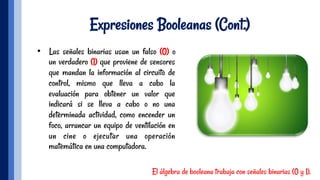 Expresiones Booleanas (Cont.)
•  Las señales binarias usan un falso (0) o
un verdadero (1) que proviene de sensores
que mandan la información al circuito de
control, mismo que lleva a cabo la
evaluación para obtener un valor que
indicará si se lleva a cabo o no una
determinada actividad, como encender un
foco, arrancar un equipo de ventilación en
un cine o ejecutar una operación
matemática en una computadora.
El álgebra de booleana trabaja con señales binarias (0 y 1).
 