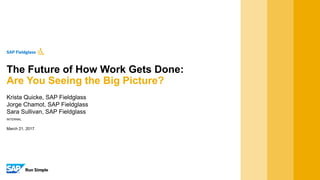 INTERNAL
March 21, 2017
The Future of How Work Gets Done:
Are You Seeing the Big Picture?
Krista Quicke, SAP Fieldglass
Jorge Chamot, SAP Fieldglass
Sara Sullivan, SAP Fieldglass
 