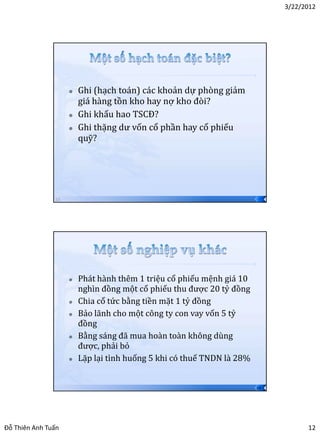 3/22/2012




                       Ghi (hạch toán) các khoản dự phòng giảm
                        giá hàng tồn kho hay nợ kho đòi?
                       Ghi khấu hao TSCĐ?
                       Ghi thặng dư vốn cổ phần hay cổ phiếu
                        quỹ?




               23




                       Phát hành thêm 1 triệu cổ phiếu mệnh giá 10
                        nghìn đồng một cổ phiếu thu được 20 tỷ đồng
                       Chia cổ tức bằng tiền mặt 1 tỷ đồng
                       Bảo lãnh cho một công ty con vay vốn 5 tỷ
                        đồng
                       Bằng sáng đã mua hoàn toàn không dùng
                        được, phải bỏ
                       Lặp lại tình huống 5 khi có thuế TNDN là 28%


                                                                       24




Đỗ Thiên Anh Tuấn                                                                 12
 