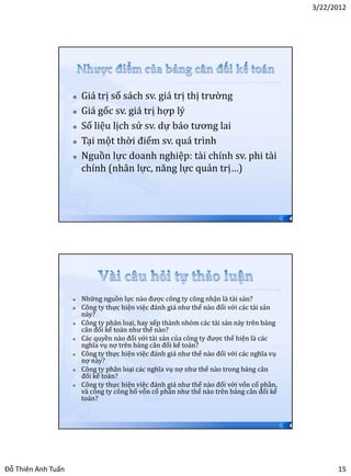 3/22/2012




                       Giá trị số sách sv. giá trị thị trường
                       Giá gốc sv. giá trị hợp lý
                       Số liệu lịch sử sv. dự báo tương lai
                       Tại một thời điểm sv. quá trình
                       Nguồn lực doanh nghiệp: tài chính sv. phi tài
                        chính (nhân lực, năng lực quản trị…)



                                                                                           29




                       Những nguồn lực nào được công ty công nhận là tài sản?
                       Công ty thực hiện việc đánh giá như thế nào đối với các tài sản
                        này?
                       Công ty phân loại, hay xếp thành nhóm các tài sản này trên bảng
                        cân đối kế toán như thế nào?
                       Các quyền nào đối với tài sản của công ty được thể hiện là các
                        nghĩa vụ nợ trên bảng cân đối kế toán?
                       Công ty thực hiện việc đánh giá như thế nào đối với các nghĩa vụ
                        nợ này?
                       Công ty phân loại các nghĩa vụ nợ như thế nào trong bảng cân
                        đối kế toán?
                       Công ty thực hiện việc đánh giá như thế nào đối với vốn cổ phần,
                        và công ty công bố vốn cổ phần như thế nào trên bảng cân đối kế
                        toán?


                                                                                           30




Đỗ Thiên Anh Tuấn                                                                                     15
 