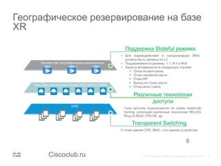 Ciscoclub.ru
Множество географически разнесенных
BNGs
Узлы Доступа (Access Node) (DSLAM/OLT/SW)
CPE
Географическое резервирование на базе
XR
6
Transparent Switching
С точки зрения CPE, BNG – это единое устройство
Различные технологии
доступа
Узлы доступа подключаются по схеме dual/multi-
homing используя различные технологии: MCLAG,
Ring (G.8032), PW-HE, др.
Поддержка Stateful режима
• Для взаимодействия и синхронизации BNG
должны быть связаны по L3
• Поддерживаются режимы: 1:1, N:1 и M:N
• Защита активируется в следующих случаях:
 Отказ Access-линка
 Отказ линейной карты
 Отказ RP
 Выход из строя шасси
 Отказ всего сайта
 