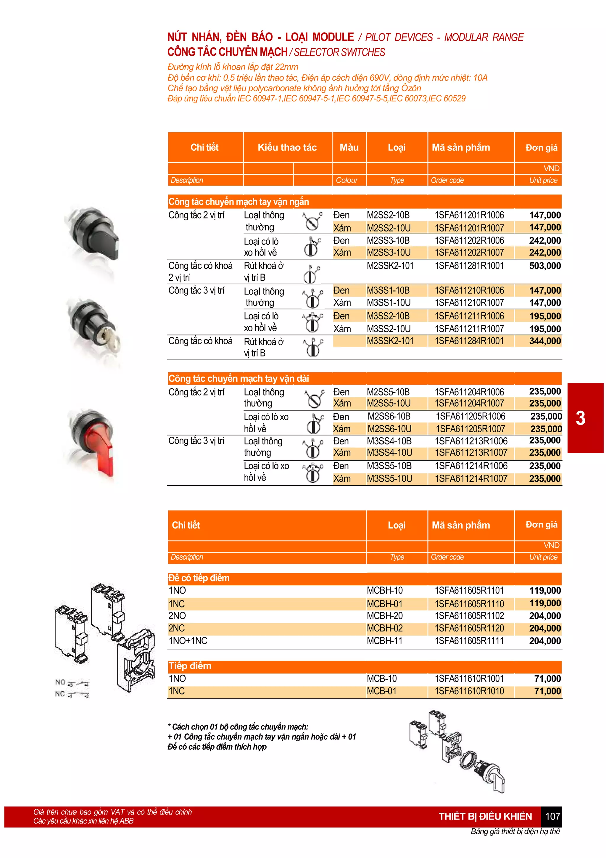 NÚT NHẤN, ĐÈN BÁO - LOẠI MODULE / PILOT DEVICES - MODULAR RANGE
CÔNG TẮC CHUYỂN MẠCH / SELECTOR SWITCHES
Đường kính lỗ khoan lắp đặt 22mm
Độ bền cơ khí: 0.5 triệu lần thao tác, Điện áp cách điện 690V, dòng định mức nhiệt: 10A
Chế tạo bằng vật liệu polycarbonate không ảnh huởng tớI tầng Ôzôn
Đáp ứng tiêu chuẩn IEC 60947-1,IEC 60947-5-1,IEC 60947-5-5,IEC 60073,IEC 60529

Chi tiết

Kiếu thao tác

Description

Công tác chuyển mạch tay vặn ngắn
Công tắc 2 vị trí
LoạI thông
thường
Loại có lò
xo hồI về
Công tắc có khoá Rút khoá ở
2 vị trí
vị trí B
Công tắc 3 vị trí
LoạI thông
thường
Loại có lò
xo hồI về
Công tắc có khoá Rút khoá ở
vị trí B
Công tác chuyển mạch tay vặn dài
Công tắc 2 vị trí
LoạI thông
thường
Loại có lò xo
hồI về
Công tắc 3 vị trí
LoạI thông
thường
Loại có lò xo
hồI về

Màu

Loại

Mã sản phẩm

Colour

Type

Order code

Đơn giá
VND
Unit price

Đen
Xám
Đen
Xám

M2SS2-10B
M2SS2-10U
M2SS3-10B
M2SS3-10U
M2SSK2-101

1SFA611201R1006
1SFA611201R1007
1SFA611202R1006
1SFA611202R1007
1SFA611281R1001

147,000
147,000
242,000
242,000
503,000

Đen
Xám
Đen
Xám

M3SS1-10B
M3SS1-10U
M3SS2-10B
M3SS2-10U
M3SSK2-101

1SFA611210R1006
1SFA611210R1007
1SFA611211R1006
1SFA611211R1007
1SFA611284R1001

147,000
147,000
195,000
195,000
344,000

Đen
Xám
Đen
Xám
Đen
Xám
Đen
Xám

M2SS5-10B
M2SS5-10U
M2SS6-10B
M2SS6-10U
M3SS4-10B
M3SS4-10U
M3SS5-10B
M3SS5-10U

1SFA611204R1006
1SFA611204R1007
1SFA611205R1006
1SFA611205R1007
1SFA611213R1006
1SFA611213R1007
1SFA611214R1006
1SFA611214R1007

235,000
235,000
235,000
235,000
235,000
235,000
235,000
235,000

Chi tiết

Loại

Mã sản phẩm

Description

Type

Order code

Đơn giá
VND
Unit price

Đế có tiếp điểm
1NO
1NC
2NO
2NC
1NO+1NC

MCBH-10
MCBH-01
MCBH-20
MCBH-02
MCBH-11

1SFA611605R1101
1SFA611605R1110
1SFA611605R1102
1SFA611605R1120
1SFA611605R1111

119,000
119,000
204,000
204,000
204,000

Tiếp điểm
1NO
1NC

MCB-10
MCB-01

1SFA611610R1001
1SFA611610R1010

71,000
71,000

* Cách chọn 01 bộ công tắc chuyển mạch:
+ 01 Công tắc chuyển mạch tay vặn ngắn hoặc dài + 01
Đế có các tiếp điểm thích hợp

Giá trên chưa bao gồm VAT và có thể điều chỉnh
Các yêu cầu khác xin liên hệ ABB

THIẾT BỊ ĐIỀU KHIỂN

107

Bảng giá thiết bị điện hạ thế

3

 
