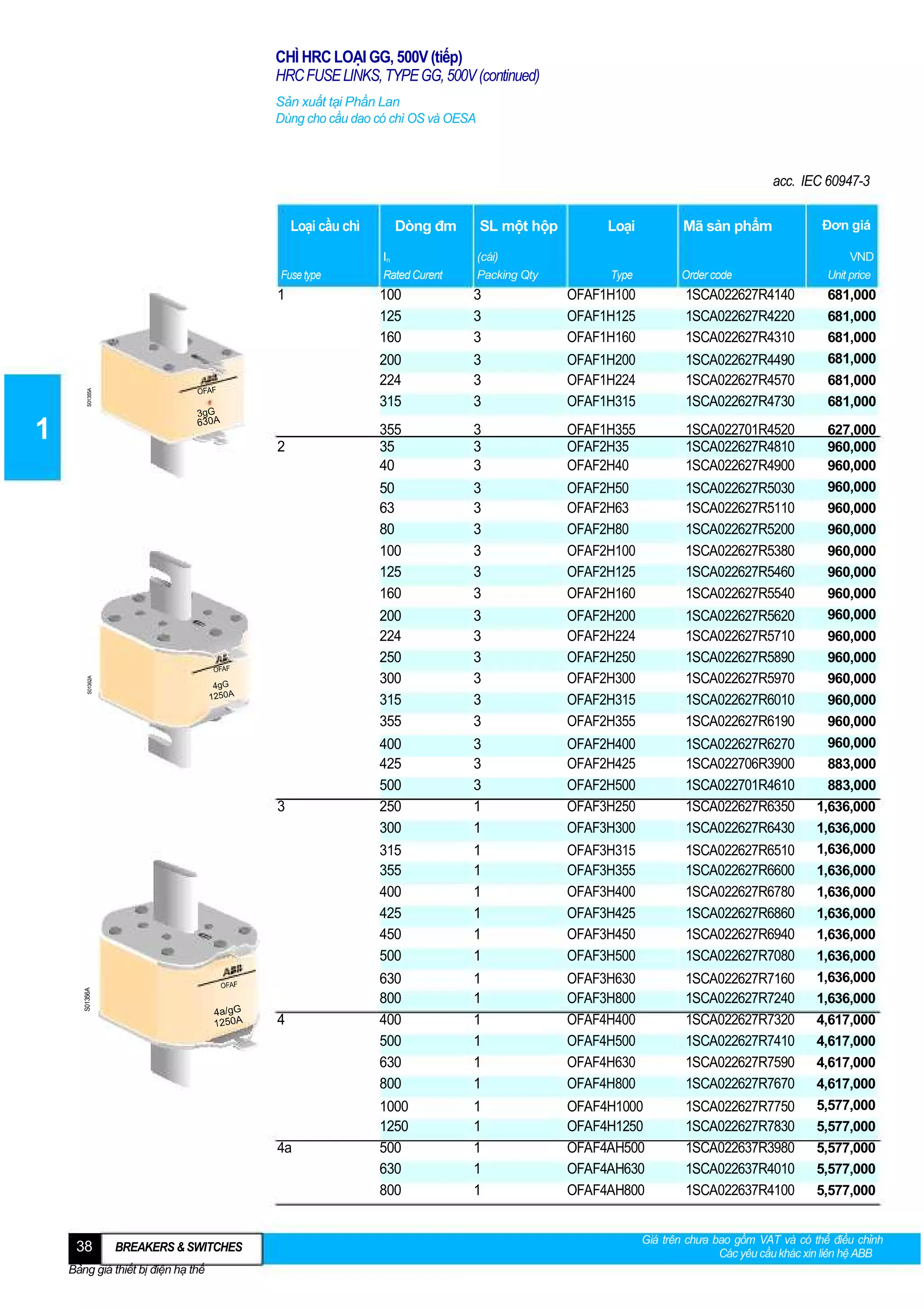 CHÌ HRC LOẠI GG, 500V (tiếp)
HRC FUSE LINKS, TYPE GG, 500V (continued)
Sản xuất tại Phần Lan
Dùng cho cầu dao có chì OS và OESA

acc. IEC 60947-3
Loại cầu chì

Dòng đm

Đơn giá

S01355A
S01362A

S01356A

3

4

4a

38

BREAKERS & SWITCHES

Bảng giá thiết bị điện hạ thế

(cái)
Packing Qty

Type

Order code

100
125
160

3
3
3

OFAF1H100
OFAF1H125
OFAF1H160

1SCA022627R4140
1SCA022627R4220
1SCA022627R4310

3
3
3

OFAF1H200
OFAF1H224
OFAF1H315

1SCA022627R4490
1SCA022627R4570
1SCA022627R4730

355
35
40

3
3
3

OFAF1H355
OFAF2H35
OFAF2H40

1SCA022701R4520
1SCA022627R4810
1SCA022627R4900

3
3
3
3
3
3

OFAF2H50
OFAF2H63
OFAF2H80
OFAF2H100
OFAF2H125
OFAF2H160

1SCA022627R5030
1SCA022627R5110
1SCA022627R5200
1SCA022627R5380
1SCA022627R5460
1SCA022627R5540

3
3
3
3
3
3

OFAF2H200
OFAF2H224
OFAF2H250
OFAF2H300
OFAF2H315
OFAF2H355

1SCA022627R5620
1SCA022627R5710
1SCA022627R5890
1SCA022627R5970
1SCA022627R6010
1SCA022627R6190

400
425
500
250
300

3
3
3
1
1

OFAF2H400
OFAF2H425
OFAF2H500
OFAF3H250
OFAF3H300

1SCA022627R6270
1SCA022706R3900
1SCA022701R4610
1SCA022627R6350
1SCA022627R6430

315
355
400
425
450
500

2

In
Rated Curent

200
224
250
300
315
355

1

Mã sản phẩm

50
63
80
100
125
160

1

Loại

200
224
315

Fuse type

SL một hộp

1
1
1
1
1
1

OFAF3H315
OFAF3H355
OFAF3H400
OFAF3H425
OFAF3H450
OFAF3H500

1SCA022627R6510
1SCA022627R6600
1SCA022627R6780
1SCA022627R6860
1SCA022627R6940
1SCA022627R7080

630
800
400
500
630
800

1
1
1
1
1
1

OFAF3H630
OFAF3H800
OFAF4H400
OFAF4H500
OFAF4H630
OFAF4H800

1SCA022627R7160
1SCA022627R7240
1SCA022627R7320
1SCA022627R7410
1SCA022627R7590
1SCA022627R7670

1,636,000
1,636,000

1000
1250
500
630
800

1
1
1
1
1

OFAF4H1000
OFAF4H1250
OFAF4AH500
OFAF4AH630
OFAF4AH800

1SCA022627R7750
1SCA022627R7830
1SCA022637R3980
1SCA022637R4010
1SCA022637R4100

5,577,000
5,577,000

VND
Unit price

681,000
681,000
681,000
681,000
681,000
681,000
627,000
960,000
960,000
960,000
960,000
960,000
960,000
960,000
960,000
960,000
960,000
960,000
960,000
960,000
960,000
960,000
883,000
883,000
1,636,000
1,636,000
1,636,000
1,636,000
1,636,000
1,636,000
1,636,000
1,636,000

4,617,000
4,617,000
4,617,000
4,617,000

5,577,000
5,577,000
5,577,000

Giá trên chưa bao gồm VAT và có thể điều chỉnh
Các yêu cầu khác xin liên hệ ABB

 