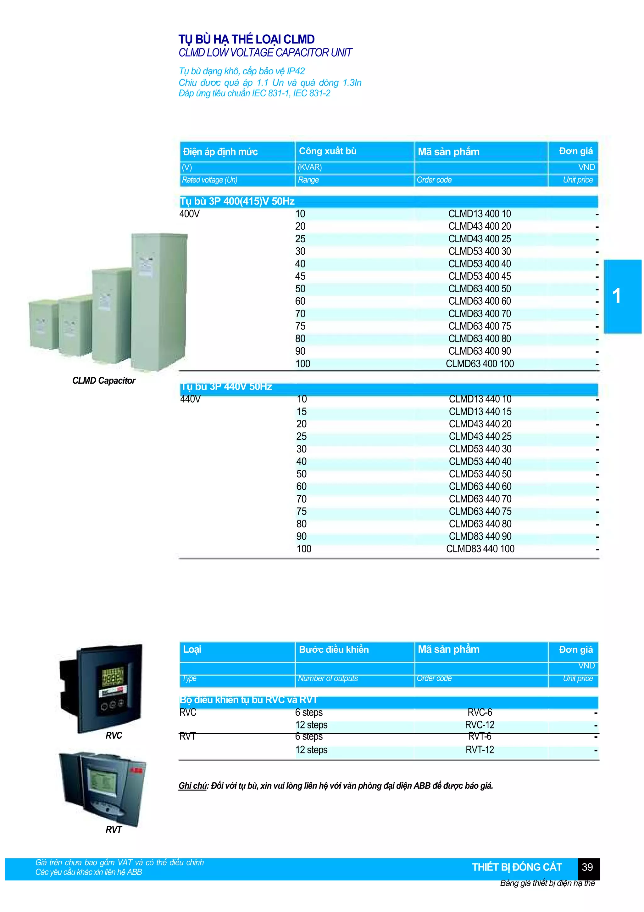 TỤ BÙ HẠ THẾ LOẠI CLMD
CLMD LOW VOLTAGE CAPACITOR UNIT
Tụ bù dạng khô, cấp bảo vệ IP42
Chiu đươc quá áp 1.1 Un và quá dòng 1.3In
Đáp ứng tiêu chuẩn IEC 831-1, IEC 831-2

Điện áp định mức

Công xuất bù

(V)
Rated voltage (Un)

(KVAR)
Range

Order code

Tụ bù 3P 400(415)V 50Hz
400V
10
20
25
30
40
45
50
60
70
75
80
90
100
CLMD Capacitor

Tụ bù 3P 440V 50Hz
440V

10
15
20
25
30
40
50
60
70
75
80
90
100

VND
Unit price

CLMD13 400 10
CLMD43 400 20
CLMD43 400 25
CLMD53 400 30
CLMD53 400 40
CLMD53 400 45
CLMD63 400 50
CLMD63 400 60
CLMD63 400 70
CLMD63 400 75
CLMD63 400 80
CLMD63 400 90
CLMD63 400 100

-

CLMD13 440 10
CLMD13 440 15
CLMD43 440 20
CLMD43 440 25
CLMD53 440 30
CLMD53 440 40
CLMD53 440 50
CLMD63 440 60
CLMD63 440 70
CLMD63 440 75
CLMD63 440 80
CLMD83 440 90
CLMD83 440 100

-

Loại

Bước điều khiển

Mã sản phẩm

Type

RVC

Đơn giá

Mã sản phẩm

Number of outputs

Order code

Bộ điều khiển tụ bù RVC và RVT
RVC
6 steps
12 steps
RVT
6 steps
12 steps

Đơn giá
VND
Unit price

RVC-6
RVC-12
RVT-6
RVT-12

-

Ghi chú: Đối với tụ bù, xin vui lòng liên hệ với văn phòng đại diện ABB để được báo giá.

RVT
Giá trên chưa bao gồm VAT và có thể điều chỉnh
Các yêu cầu khác xin liên hệ ABB

THIẾT BỊ ĐÓNG CẮT

39

Bảng giá thiết bị điện hạ thế

1

 