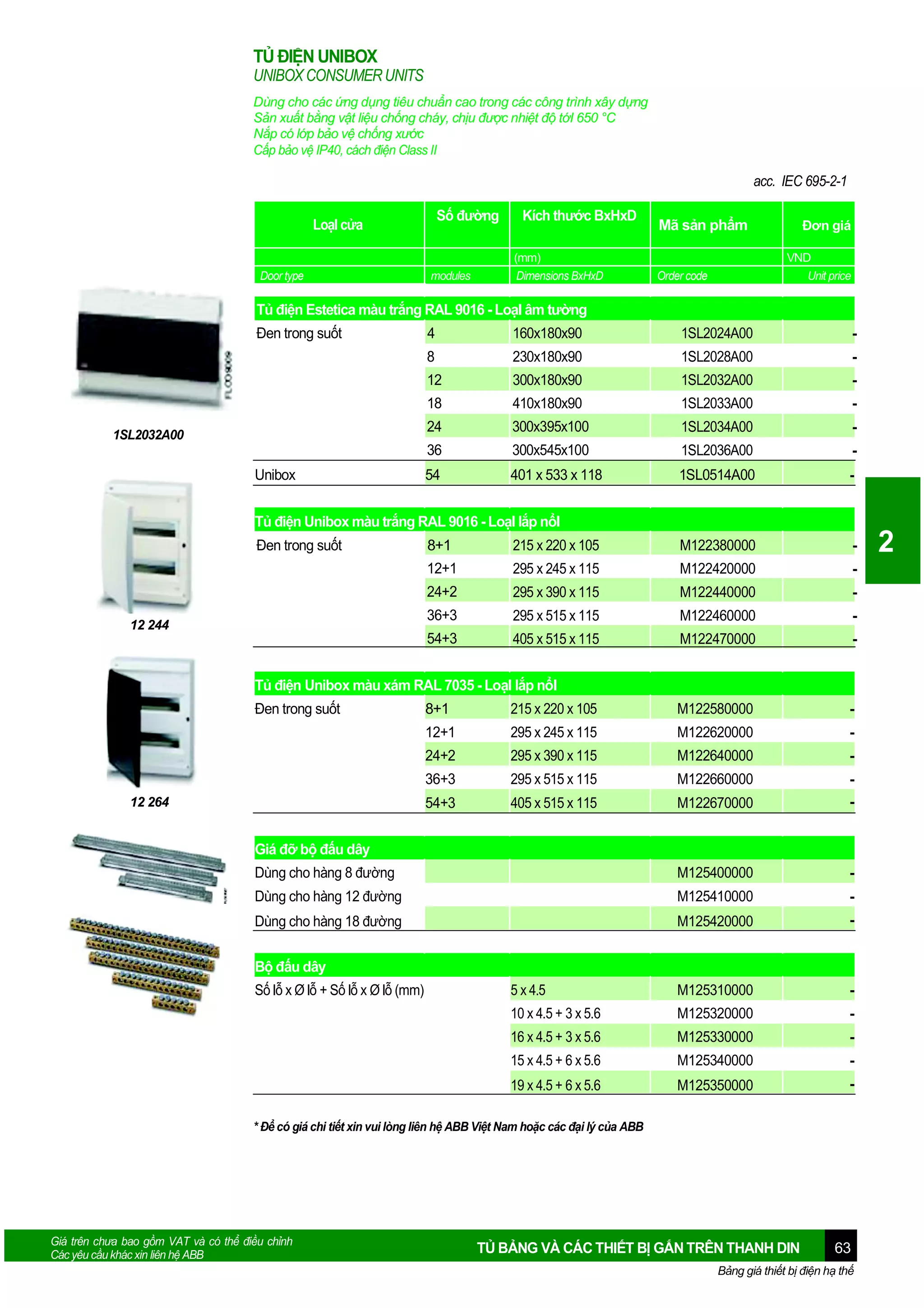 TỦ ĐIỆN UNIBOX
UNIBOX CONSUMER UNITS
Dùng cho các ứng dụng tiêu chuẩn cao trong các công trình xây dựng
Sản xuất bằng vật liệu chống cháy, chịu được nhiệt độ tớI 650 °C
Nắp có lớp bảo vệ chống xước
Cấp bảo vệ IP40, cách điện Class II

acc. IEC 695-2-1
Số đường

LoạI cửa

Door type

modules

Kích thước BxHxD
(mm)
Dimensions BxHxD

Đơn giá

Mã sản phẩm

VND
Unit price

Order code

Tủ điện Estetica màu trắng RAL 9016 - LoạI âm tường
Đen trong suốt

1SL2024A00

-

230x180x90

1SL2028A00

-

12

300x180x90

1SL2032A00

-

18

410x180x90

1SL2033A00

-

24

300x395x100

1SL2034A00

-

36
Unibox

160x180x90

8

1SL2032A00

4

300x545x100

1SL2036A00

-

54

401 x 533 x 118

1SL0514A00

-

Tủ điện Unibox màu trắng RAL 9016 - LoạI lắp nổI
Đen trong suốt

215 x 220 x 105

M122380000

-

12+1

295 x 245 x 115

M122420000

-

24+2

295 x 390 x 115

M122440000

-

36+3

295 x 515 x 115

M122460000

-

54+3

12 244

8+1

405 x 515 x 115

M122470000

-

Tủ điện Unibox màu xám RAL 7035 - LoạI lắp nổI
Đen trong suốt

8+1

215 x 220 x 105

M122580000

-

12+1

295 x 245 x 115

M122620000

-

24+2

295 x 390 x 115

M122640000

-

36+3

295 x 515 x 115

M122660000

-

54+3

405 x 515 x 115

M122670000

-

Dùng cho hàng 8 đường

M125400000

-

Dùng cho hàng 12 đường

M125410000

-

Dùng cho hàng 18 đường

M125420000

-

5 x 4.5

M125310000

-

10 x 4.5 + 3 x 5.6

M125320000

-

16 x 4.5 + 3 x 5.6

M125330000

-

15 x 4.5 + 6 x 5.6

M125340000

-

19 x 4.5 + 6 x 5.6

M125350000

-

12 264

Giá đỡ bộ đấu dây

Bộ đấu dây
Số lỗ x Ø lỗ + Số lỗ x Ø lỗ (mm)

* Để có giá chi tiết xin vui lòng liên hệ ABB Việt Nam hoặc các đại lý của ABB

Giá trên chưa bao gồm VAT và có thể điều chỉnh
Các yêu cầu khác xin liên hệ ABB

TỦ BẢNG VÀ CÁC THIẾT BỊ GẮN TRÊN THANH DIN

63

Bảng giá thiết bị điện hạ thế

2

 