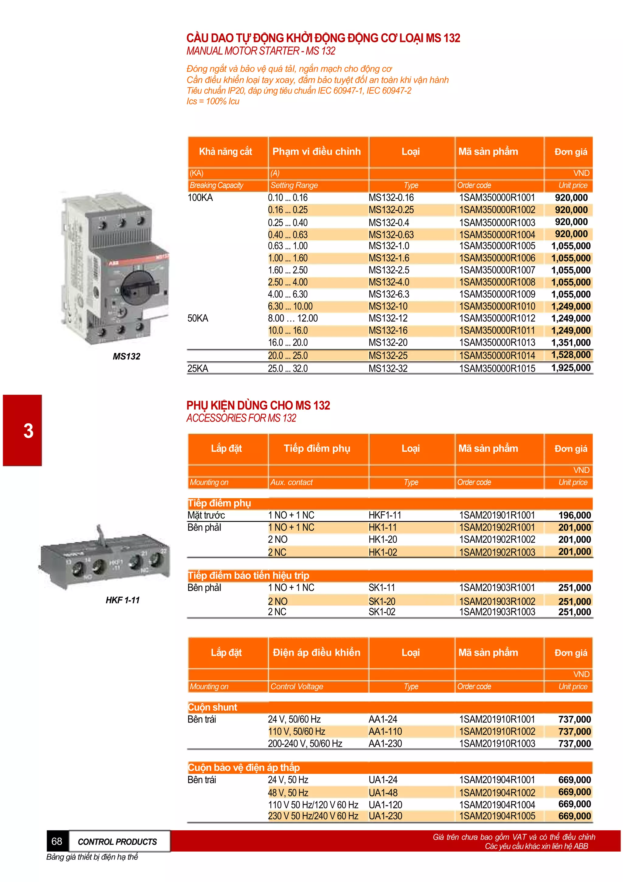 CẦU DAO TỰ ĐỘNG KHỞI ĐỘNG ĐỘNG CƠ LOẠI MS 132
MANUAL MOTOR STARTER - MS 132
Đóng ngắt và bảo vệ quá tảI, ngắn mạch cho động cơ
Cần điều khiển loại tay xoay, đẳm bảo tuyệt đốI an toàn khi vận hành
Tiêu chuẩn IP20, đáp ứng tiêu chuẩn IEC 60947-1, IEC 60947-2
Ics = 100% Icu

Phạm vi điều chỉnh

Loại

Mã sản phẩm

(KA)
Breaking Capacity

(A)
Setting Range

Type

Order code

100KA

0.10 ... 0.16
0.16 ... 0.25
0.25 ... 0.40
0.40 ... 0.63
0.63 ... 1.00
1.00 ... 1.60
1.60 ... 2.50
2.50 ... 4.00
4.00 ... 6.30
6.30 ... 10.00
8.00 … 12.00
10.0 ... 16.0
16.0 ... 20.0
20.0 ... 25.0
25.0 ... 32.0

Khả năng cắt

50KA

MS132

25KA

MS132-0.16
MS132-0.25
MS132-0.4
MS132-0.63
MS132-1.0
MS132-1.6
MS132-2.5
MS132-4.0
MS132-6.3
MS132-10
MS132-12
MS132-16
MS132-20
MS132-25
MS132-32

1SAM350000R1001
1SAM350000R1002
1SAM350000R1003
1SAM350000R1004
1SAM350000R1005
1SAM350000R1006
1SAM350000R1007
1SAM350000R1008
1SAM350000R1009
1SAM350000R1010
1SAM350000R1012
1SAM350000R1011
1SAM350000R1013
1SAM350000R1014
1SAM350000R1015

Đơn giá
VND
Unit price

920,000
920,000
920,000
920,000
1,055,000
1,055,000
1,055,000
1,055,000
1,055,000
1,249,000
1,249,000
1,249,000
1,351,000
1,528,000
1,925,000

PHỤ KIỆN DÙNG CHO MS 132
ACCESSORIES FOR MS 132

3

Lắp đặt
Mounting on

Tiếp điểm phụ
Mặt trước
Bên phảI

HKF 1-11

Tiếp điểm phụ

Tiếp điểm báo tiến hiệu trip
Bên phảI
1 NO + 1 NC
2 NO
2 NC

Lắp đặt

Mounting on

Cuộn shunt
Bên trái

Điện áp điều khiển

CONTROL PRODUCTS

Bảng giá thiết bị điện hạ thế

Type

Order code

VND
Unit price

HKF1-11
HK1-11
HK1-20
HK1-02

1SAM201901R1001
1SAM201902R1001
1SAM201902R1002
1SAM201902R1003

196,000
201,000
201,000
201,000

SK1-11
SK1-20
SK1-02

1SAM201903R1001
1SAM201903R1002
1SAM201903R1003

251,000
251,000
251,000

24 V, 50/60 Hz
110 V, 50/60 Hz
200-240 V, 50/60 Hz

Đơn giá

Loại

Mã sản phẩm

Type

Order code

VND
Unit price

AA1-24
AA1-110
AA1-230

1SAM201910R1001
1SAM201910R1002
1SAM201910R1003

737,000
737,000
737,000

UA1-24
UA1-48
UA1-120
UA1-230

1SAM201904R1001
1SAM201904R1002
1SAM201904R1004
1SAM201904R1005

669,000
669,000
669,000
669,000

Control Voltage

Cuộn bảo vệ điện áp thấp
Bên trái
24 V, 50 Hz
48 V, 50 Hz
110 V 50 Hz/120 V 60 Hz
230 V 50 Hz/240 V 60 Hz
68

Mã sản phẩm

Aux. contact

1 NO + 1 NC
1 NO + 1 NC
2 NO
2 NC

Đơn giá

Loại

Giá trên chưa bao gồm VAT và có thể điều chỉnh
Các yêu cầu khác xin liên hệ ABB

 
