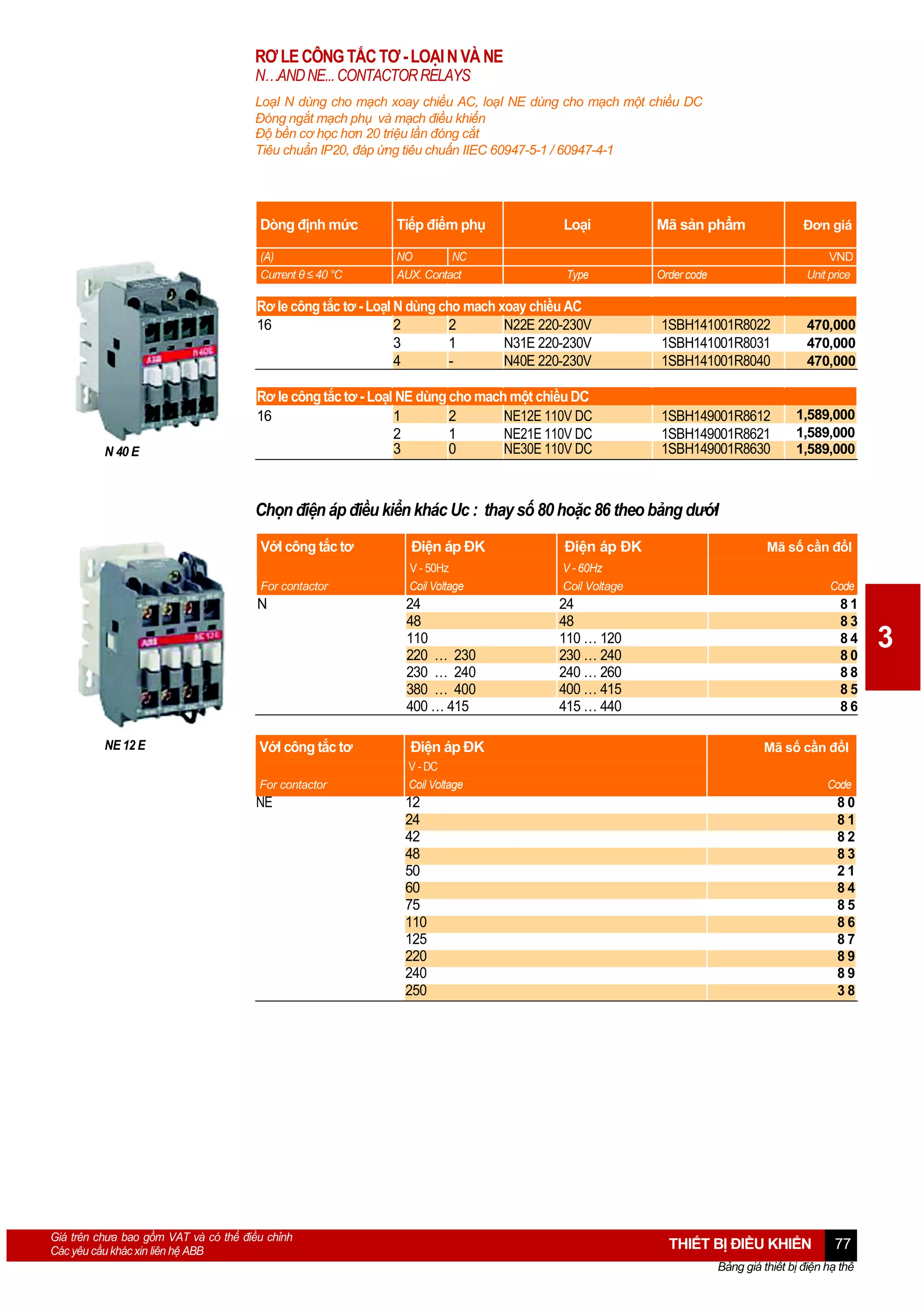 RƠ LE CÔNG TẮC TƠ - LOẠI N VÀ NE
N…AND NE... CONTACTOR RELAYS
LoạI N dùng cho mạch xoay chiều AC, loạI NE dùng cho mạch một chiều DC
Đóng ngắt mạch phụ và mạch điều khiển
Độ bền cơ học hơn 20 triệu lần đóng cắt
Tiêu chuẩn IP20, đáp ứng tiêu chuẩn IIEC 60947-5-1 / 60947-4-1

Dòng định mức

Tiếp điểm phụ

Loại

Mã sản phẩm

Đơn giá

(A)
Current θ ≤ 40 °C

NO
NC
AUX. Contact

Type

Order code

VND
Unit price

Rơ le công tắc tơ - LoạI N dùng cho mach xoay chiều AC
16
2
2
N22E 220-230V
3
1
N31E 220-230V
4
N40E 220-230V

N 40 E

1SBH141001R8022
1SBH141001R8031
1SBH141001R8040

470,000
470,000
470,000

Rơ le công tắc tơ - LoạI NE dùng cho mach một chiều DC
16
1
2
NE12E 110V DC
2
1
NE21E 110V DC
3
0
NE30E 110V DC

1SBH149001R8612
1SBH149001R8621
1SBH149001R8630

1,589,000
1,589,000
1,589,000

Chọn điện áp điều kiển khác Uc : thay số 80 hoặc 86 theo bảng dướI
VớI công tắc tơ

Điện áp ĐK

Điện áp ĐK

For contactor

V - 50Hz
Coil Voltage

V - 60Hz
Coil Voltage

Code

24
48
110
220 … 230
230 … 240
380 … 400
400 … 415

24
48
110 … 120
230 … 240
240 … 260
400 … 415
415 … 440

81
83
84
80
88
85
86

N

VớI công tắc tơ

Điện áp ĐK

For contactor

NE 12 E

Mã số cần đổI

V - DC
Coil Voltage

NE

Giá trên chưa bao gồm VAT và có thể điều chỉnh
Các yêu cầu khác xin liên hệ ABB

Mã số cần đổI
Code

12
24
42
48
50
60
75
110
125
220
240
250

80
81
82
83
21
84
85
86
87
89
89
38

THIẾT BỊ ĐIỀU KHIỂN

77

Bảng giá thiết bị điện hạ thế

3

 