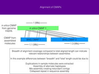 Alignment of CMAPs 
1 (Mb) 
in silico CMAP 1 
BNG CMAP 1 BNG CMAP 2 
1.1 (Mb) 1.3 (Mb) 
Breadth of alignment coverage compared to total aligned length can indicate 
relevant relationships between assemblies 
! 
In this example differences between "breadth" and "total" length could be due to: 
! 
Duplications in sample molecules were extracted from 
Assembly of alternate haplotypes 
Mis-assembly creating redundant contigs 
Collapsed repeat in sequence assembly 
in silico CMAP 
from genome 
FASTA 
CMAP from 
assembled 
molecules 
 