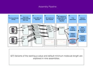 Assembly Pipeline 
6/7) Variants of the starting p-value and default minimum molecule length are 
explored in nine assemblies. 
 