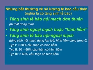 Những bất thường về số lượng tế bào cầu thận
(nghĩa là có tăng sinh tế bào)
• Tăng sinh tế bào nội mạch đơn thuần
(tb mặt trong mm)
• Tăng sinh ngoại mạch hoặc “hình liềm”
• Tăng sinh tế bào nội-ngoại mạch
(tăng sinh nội mạch dạng lan toả, hình liềm dạng từng ổ)
Typ I: < 30% cầu thận có hình liềm
Typ II: 30 – 60% cầu thận có hình liềm
Typ III: > 60% cầu thận có hình liềm
 