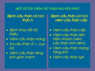 Mét sè typ viªm cÇu thËn nguyªn ph¸t
BÖnh cÇu thËn cã H/c
thËn h
• BÖnh thay ®æi tèi
thiÓu
• Viªm cÇu thËn mµng
• X¬ cÇu thËn æ – côc
bé
• Viªm cÇu thËn t¨ng
sinh gian m¹ch
BÖnh cÇu thËn cã H/c
viªm cÇu thËn cÊp
• Viªm cÇu thËn cÊp
• Viªm cÇu thËn tiÕn
triÓn nhanh (viªm
cÇu thËn h×nh liÒm)
• Viªm cÇu thËn mµng
t¨ng sinh
• Viªm cÇu thËn IgA
 