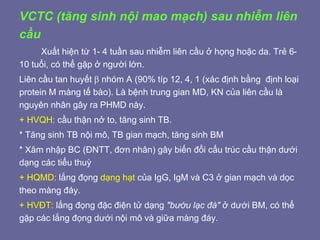 VCTC (tăng sinh nội mao mạch) sau nhiễm liên
cầu
Xuất hiện từ 1- 4 tuần sau nhiễm liên cầu ở họng hoặc da. Trẻ 6-
10 tuổi, có thể gặp ở người lớn.
Liên cầu tan huyết  nhóm A (90% típ 12, 4, 1 (xác định bằng định loại
protein M màng tế bào). Là bệnh trung gian MD, KN của liên cầu là
nguyên nhân gây ra PHMD này.
+ HVQH: cầu thận nở to, tăng sinh TB.
* Tăng sinh TB nội mô, TB gian mạch, tăng sinh BM
* Xâm nhập BC (ĐNTT, đơn nhân) gây biến đổi cấu trúc cầu thận dưới
dạng các tiểu thuỳ
+ HQMD: lắng đọng dạng hạt của IgG, IgM và C3 ở gian mạch và dọc
theo màng đáy.
+ HVĐT: lắng đọng đặc điện tử dạng "bướu lạc đà" ở dưới BM, có thể
gặp các lắng đọng dưới nội mô và giữa màng đáy.
 