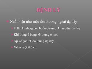  Xuất hiện như một tổn thương ngoài dạ dày
U Krukenberg của buồng trứng  ung thư dạ dày
Khí trong ổ bụng  thủng ổ loét
Áp xe gan  do thủng dạ dày
Viêm ruột thừa…
 