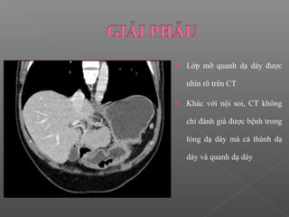  Lớp mỡ quanh dạ dày được
nhìn rõ trên CT
 Khác với nội soi, CT không
chỉ đánh giá được bệnh trong
lòng dạ dày mà cả thành dạ
dày và quanh dạ dày
 