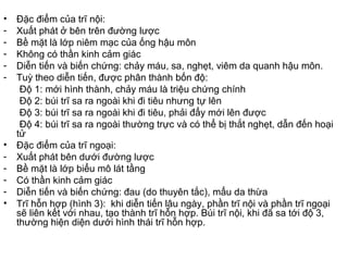• Đặc điểm của trĩ nội:
- Xuất phát ở bên trên đường lược
- Bề mặt là lớp niêm mạc của ống hậu môn
- Không có thần kinh cảm giác
- Diễn tiến và biến chứng: chảy máu, sa, nghẹt, viêm da quanh hậu môn.
- Tuỳ theo diễn tiến, được phân thành bốn độ:
Độ 1: mới hình thành, chảy máu là triệu chứng chính
Độ 2: búi trĩ sa ra ngoài khi đi tiêu nhưng tự lên
Độ 3: búi trĩ sa ra ngoài khi đi tiêu, phải đẩy mới lên được
Độ 4: búi trĩ sa ra ngoài thường trực và có thể bị thắt nghẹt, dẫn đến hoại
tử
• Đặc điểm của trĩ ngoại:
- Xuất phát bên dưới đường lược
- Bề mặt là lớp biểu mô lát tầng
- Có thần kinh cảm giác
- Diễn tiến và biến chứng: đau (do thuyên tắc), mẩu da thừa
• Trĩ hỗn hợp (hình 3): khi diễn tiến lâu ngày, phần trĩ nội và phần trĩ ngoại
sẽ liên kết với nhau, tạo thành trĩ hỗn hợp. Búi trĩ nội, khi đã sa tới độ 3,
thường hiện diện dưới hình thái trĩ hỗn hợp.
 