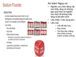 An toàn/ Nguy cơ
• Nghiên cứu trên động vật
cho thấy rằng nó không
gây quái thai và nghiên
cứu dịch tễ không thấy
tăng dị tật bẩm sinh
• Liều thấp: ít tác dụng phụ
• Liều cao
• Vấn đề tiêu hóa
• Đau khớp
• Vôi hóa dây chằng,
sửa chữa xương
mạnh và đau xương.
 