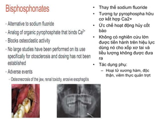 • Thay thế sodium fluoride
• Tương tự pyrophospha hữu
cơ kết hợp Ca2+
• Ức chế hoạt động hủy cốt
bào
• Không có nghiên cứu lớn
được tiến hành trên hiệu lực
dùng nó cho xốp xơ tai và
liều lượng không được đưa
ra
• Tác dụng phụ:
– Hoại tử xương hàm, độc
thận, viêm thực quản trợt
 