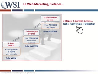Le Web Marketing, 3 étapes…


                                      3- FAITES PARLER
                                           de vous
                                                         3 étapes, 3 marches à gravir…
                                       Pour FIDELISER    Trafic - Conversion - Fidélisation
                                         vos clients

                    2- Devenez plus   Faire RE-VENIR
                       EFFICACE

                   Pour CONVERTIR
                     les visiteurs
   1- Soyez           en clients
   VISIBLES         Faire ACHETER
Pour augmenter
   le TRAFIC
 vers votre site

Faire VENIR
 