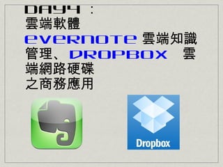 Day4 
녶ܛw
evernote 녶֪R
 dropbox 
˾W·Ӳ
֮̄Ց
 