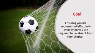 Goal
Ensuring you are
represented effectively
even when you are
required to be absent from
your chapter!
 