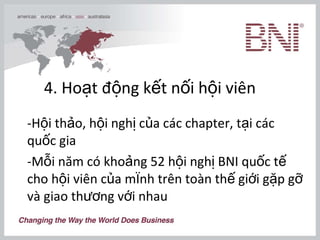 4. Hoạt động kết nối hội viên Hội thảo, hội nghị của các chapter, tại các quốc gia Mỗi năm có khoảng 52 hội nghị BNI quốc tế  cho hội viên của mình trên toàn thế giới gặp gỡ và giao thương với nhau  